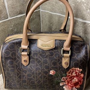 Calvin Klein Signature Embroidered Flower Top Zip Shoulder Bag Brown Tan